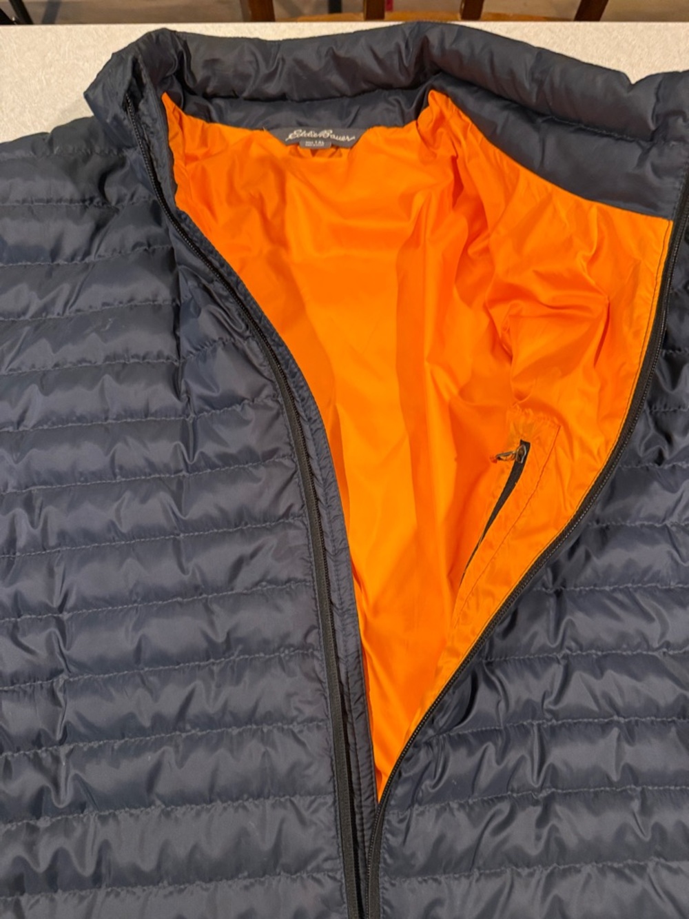 Eddie Bauer Men's Quilted Puffer Jacket - Navy Blue with Yellow Accents